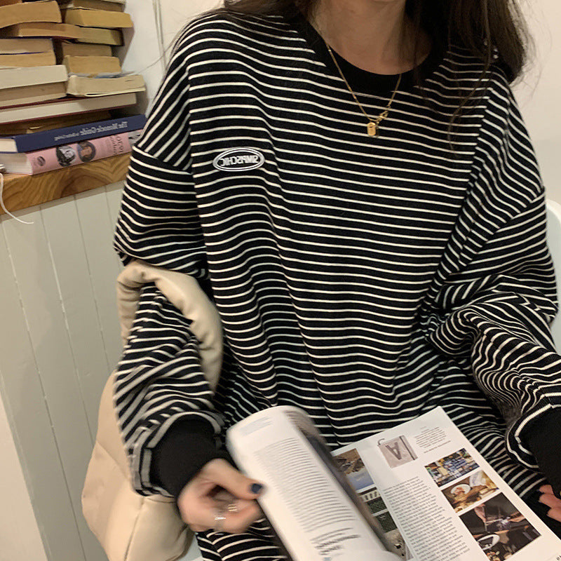 Casual Round Neck Long Sleeve Sweatshirt Women Tops Female Stripe T-Shirt Innerwear Women