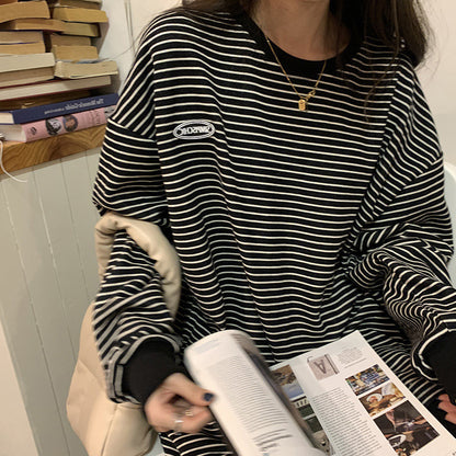Casual Round Neck Long Sleeve Sweatshirt Women Tops Female Stripe T-Shirt Innerwear Women