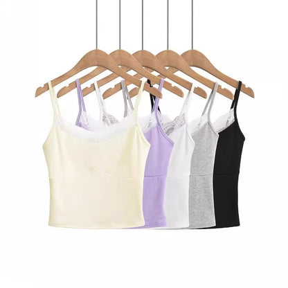 Lace edge splicing slim fit short camisole tank top