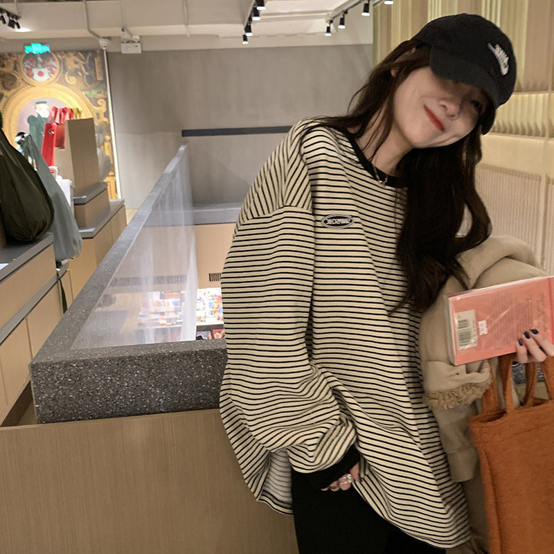 Casual Round Neck Long Sleeve Sweatshirt Women Tops Female Stripe T-Shirt Innerwear Women