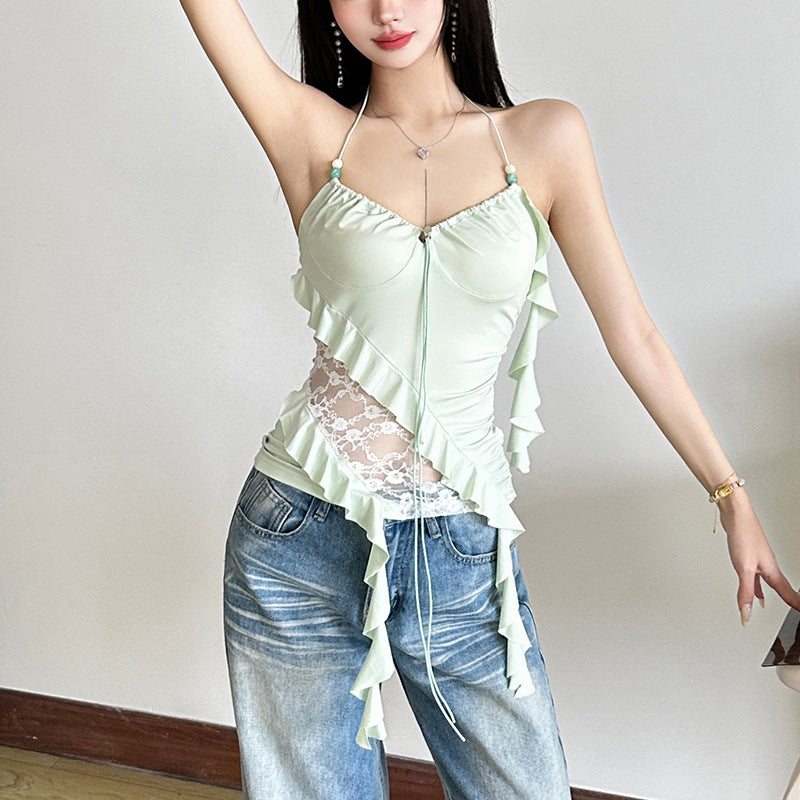 Solid color sexy camisole backless irregular ribbon versatile top for women