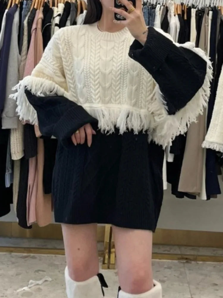 Fake Two Pieces Patchwork Color Contrast Tassel Loose Sweater Pullover Women Autumn Fashion Big size Knit Tops