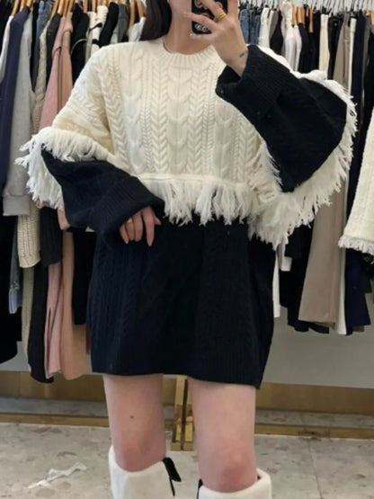 Fake Two Pieces Patchwork Color Contrast Tassel Loose Sweater Pullover Women Autumn Fashion Big size Knit Tops