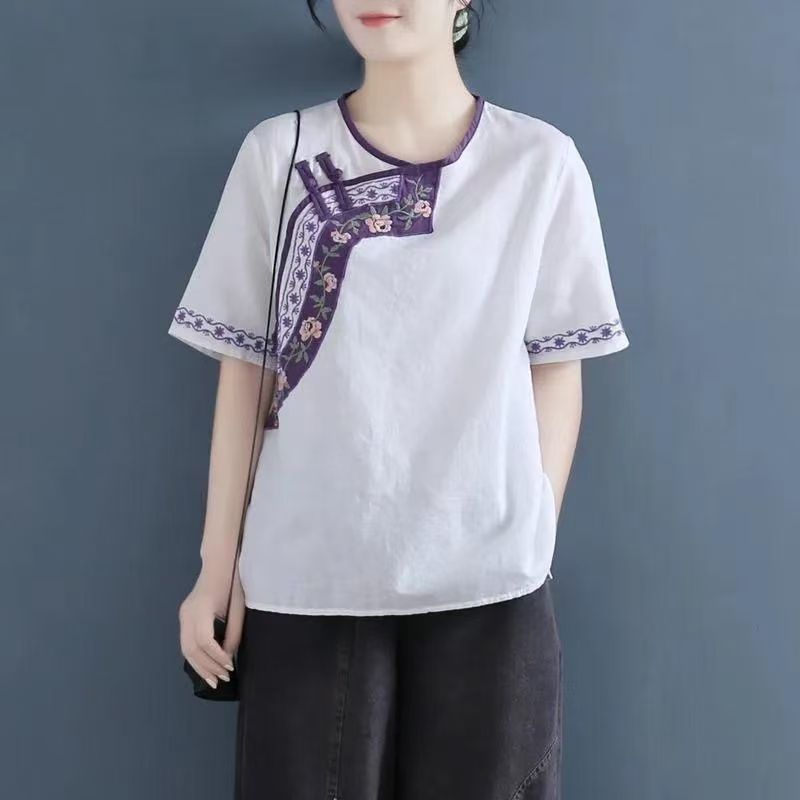 Vintage Embroidered Cotton Linen Blouse with Loose Fit Short Sleeves and Button Closure for Women Summer Casual Tops