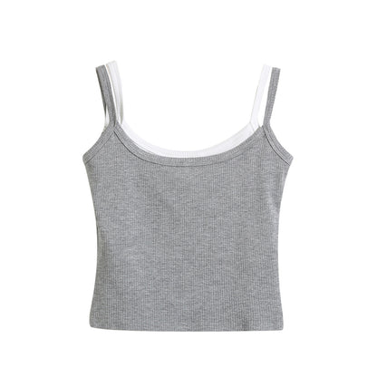 Shoulder strap color blocked fake two-piece camisole vest