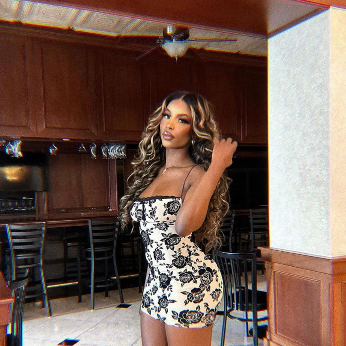 Backless camisole slim fit retro printed bag hip dress for women