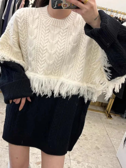 Fake Two Pieces Patchwork Color Contrast Tassel Loose Sweater Pullover Women Autumn Fashion Big size Knit Tops