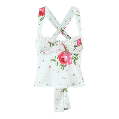 Rose print camisole strapless pleated lace patchwork camisole