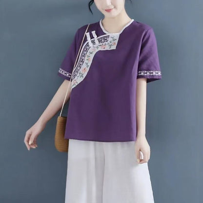 Vintage Embroidered Cotton Linen Blouse with Loose Fit Short Sleeves and Button Closure for Women Summer Casual Tops