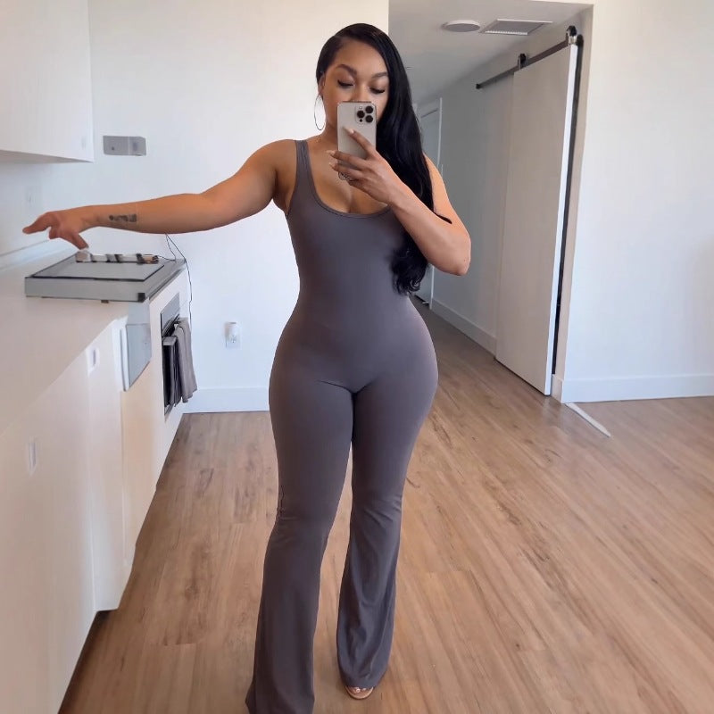Solid color camisole backless hip lifting sports jumpsuit