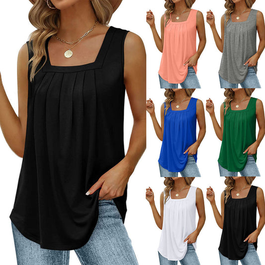 Sleeveless square neck vest t-shirt women's solid color pleated camisole fashion top