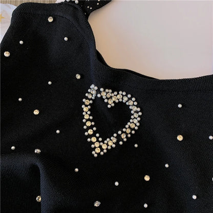 Pearl Beaded Sexy Slim Knit Vests Women's Crop Tops  Summer Sleeveless Stylish Vintage Fashion Chic Ladies Knitwear Jumpers