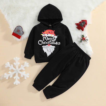 Christmas Hooded Sweater Set Baby Hooded Tops Pants Suit Long Sleeve Shirt Cartoon Santa / Elk Letters Sports Trousers For Kids