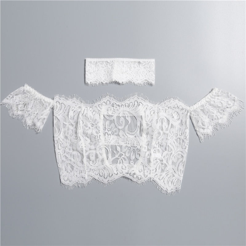 Lace Sexy Perspective Bra Summer Women's New Off Shoulder, Off Shoulder, Navel Exposed Short Sleeve Lace