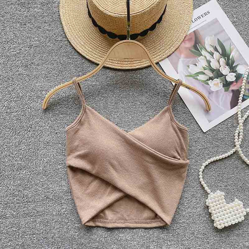 Ribbed Camisole Summer Fitted Strap Inner Wear with Fixed Pads High Elasticity Crossed Back Design