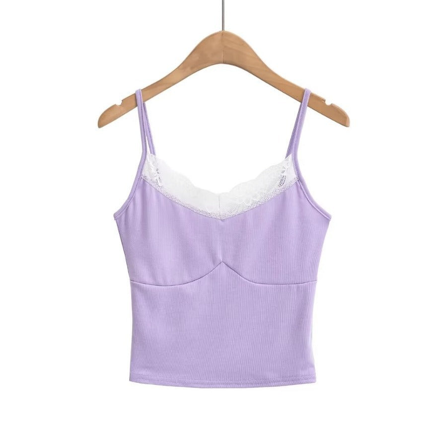 Lace edge splicing slim fit short camisole tank top