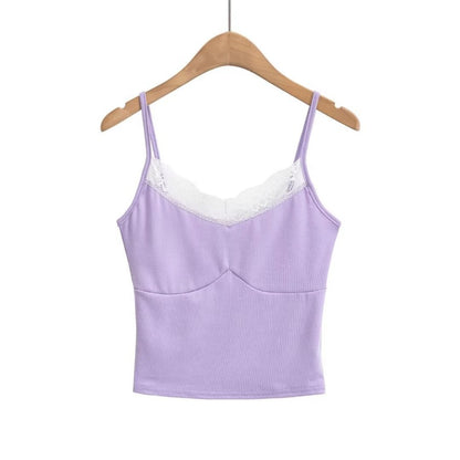 Lace edge splicing slim fit short camisole tank top