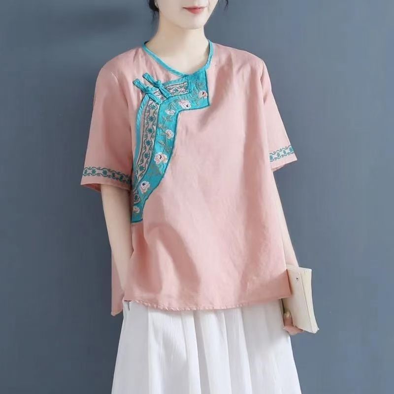 Vintage Embroidered Cotton Linen Blouse with Loose Fit Short Sleeves and Button Closure for Women Summer Casual Tops