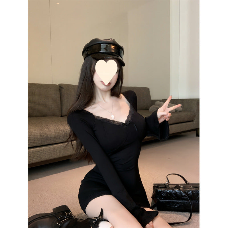 Sexy V-Neck Long Sleeve Dress for Women with Lace Trim, Built-in Bra, Bodycon Fit, High Waist, Autumn and Spring Lightweight Fleece Dress