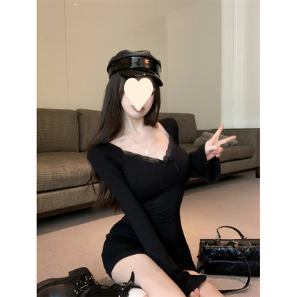 Sexy V-Neck Long Sleeve Dress for Women with Lace Trim, Built-in Bra, Bodycon Fit, High Waist, Autumn and Spring Lightweight Fleece Dress