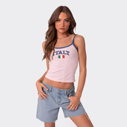Fashionable Y2K Crop Top with Italy Letter Print and Slim Fit Strapless Camisole