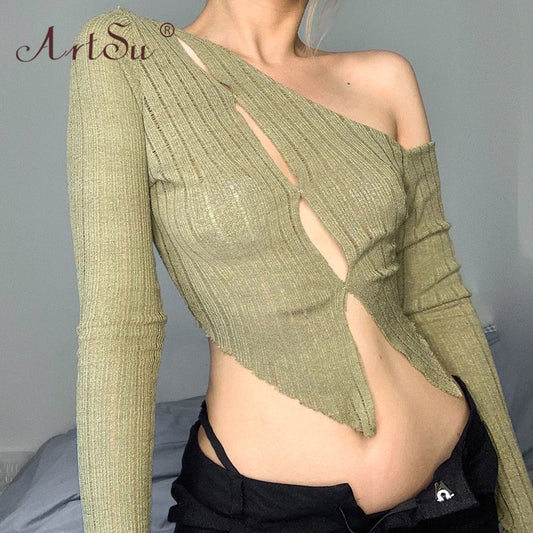 ArtSu White Solid Hollow Out Knitted Ladies Shirts Skew Collar Button Up Womens Crop Tops Long Sleeve Autumn Tees T-Shirt Femme