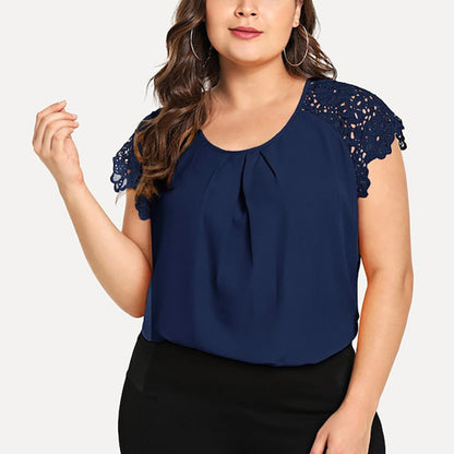 Womens Plus Size Lace Blouse Summer Casual Short Sleeve O-neck Solid Floral Lace Shoulder Tee Shirt Tops Summer Loose Blouse