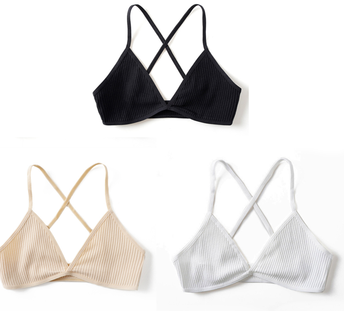 3pcs Comfort Cotton Bras For Women Thin French Style Bralette Sexy Deep V Triangle Cup Cross Beauty Back Bra Small size