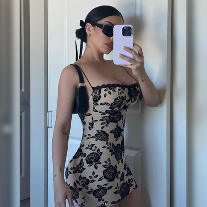 Backless camisole slim fit retro printed bag hip dress for women