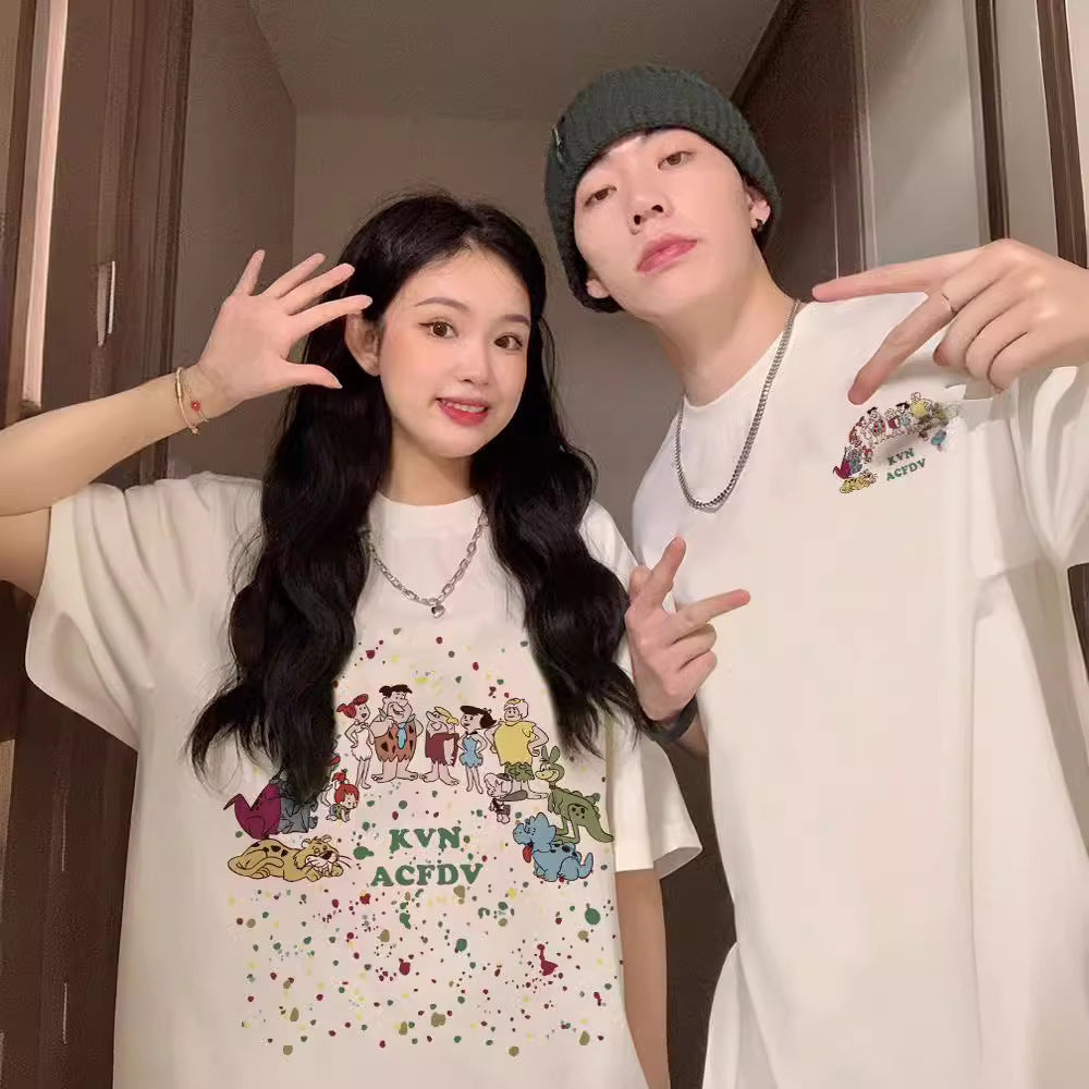 Casual Cotton Unisex Short Sleeve T-Shirt Couple Matching Tops Summer Round Neck Streetwear Fashion Style