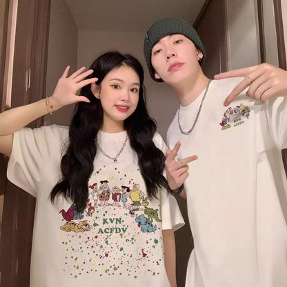 Casual Cotton Unisex Short Sleeve T-Shirt Couple Matching Tops Summer Round Neck Streetwear Fashion Style