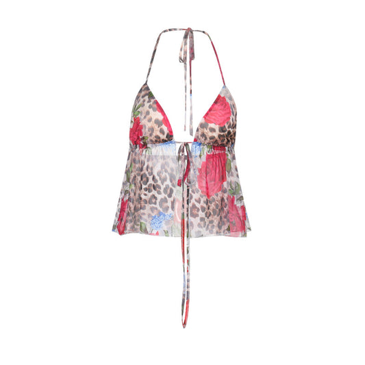 Printed camisole top with leopard print neck hanging vest for women