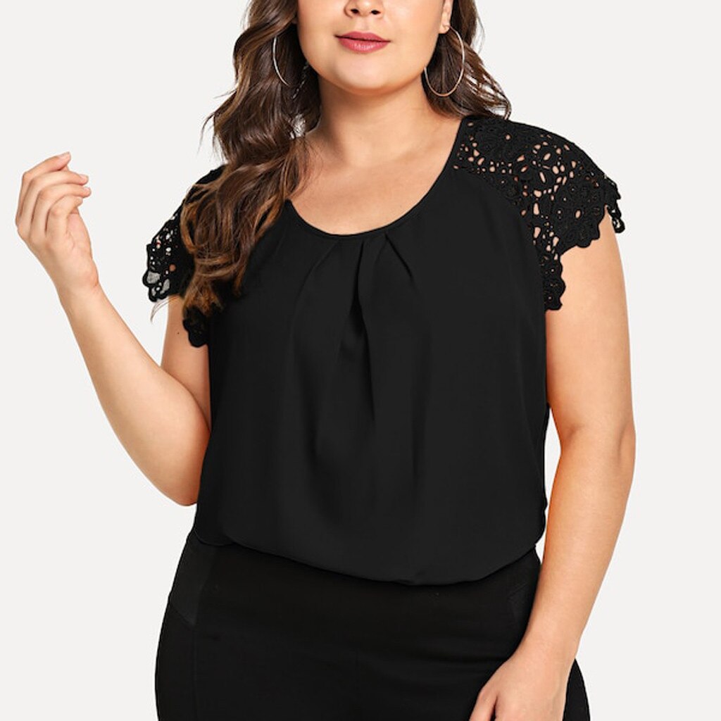 Womens Plus Size Lace Blouse Summer Casual Short Sleeve O-neck Solid Floral Lace Shoulder Tee Shirt Tops Summer Loose Blouse