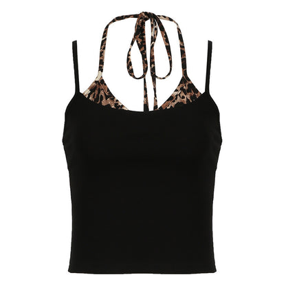 Leopard print patchwork fake two-piece camisole top