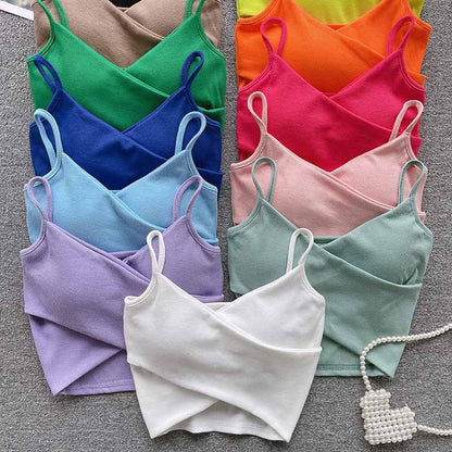Ribbed Camisole Summer Fitted Strap Inner Wear with Fixed Pads High Elasticity Crossed Back Design