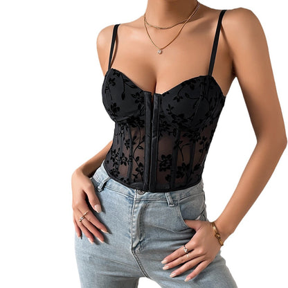 Perspective camisole splicing mesh fishbone waist short top for women