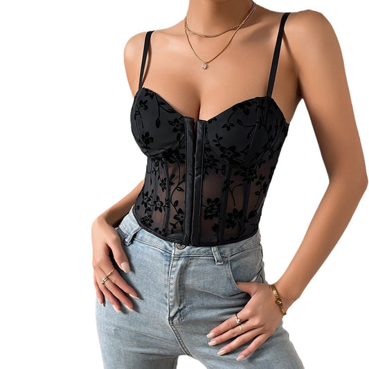 Perspective camisole splicing mesh fishbone waist short top for women