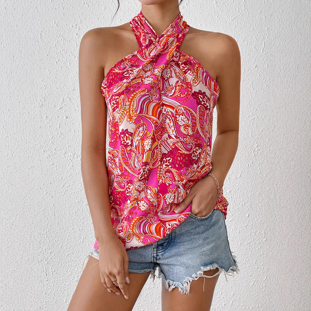 Colorful camisole sleeveless cross neck top