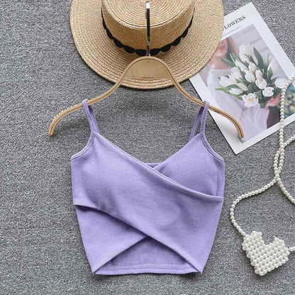 Ribbed Camisole Summer Fitted Strap Inner Wear with Fixed Pads High Elasticity Crossed Back Design
