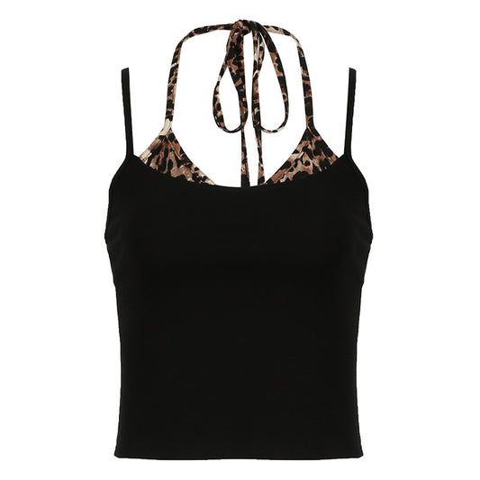 Leopard print patchwork fake two-piece camisole top