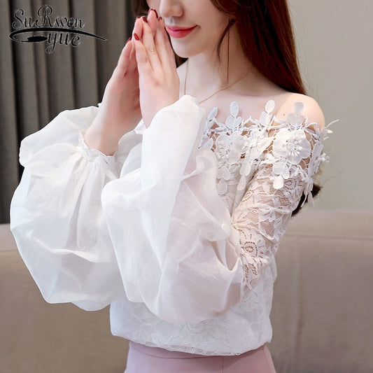 spring long sleeves women tops lace fashion slash neck women chiffon blouses white blouse female shirts