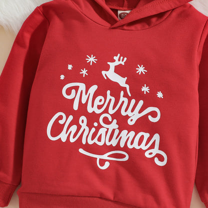 Christmas Hooded Sweater Set Baby Hooded Tops Pants Suit Long Sleeve Shirt Cartoon Santa / Elk Letters Sports Trousers For Kids