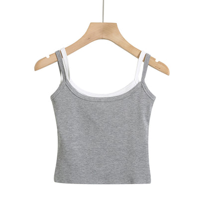 Shoulder strap color blocked fake two-piece camisole vest