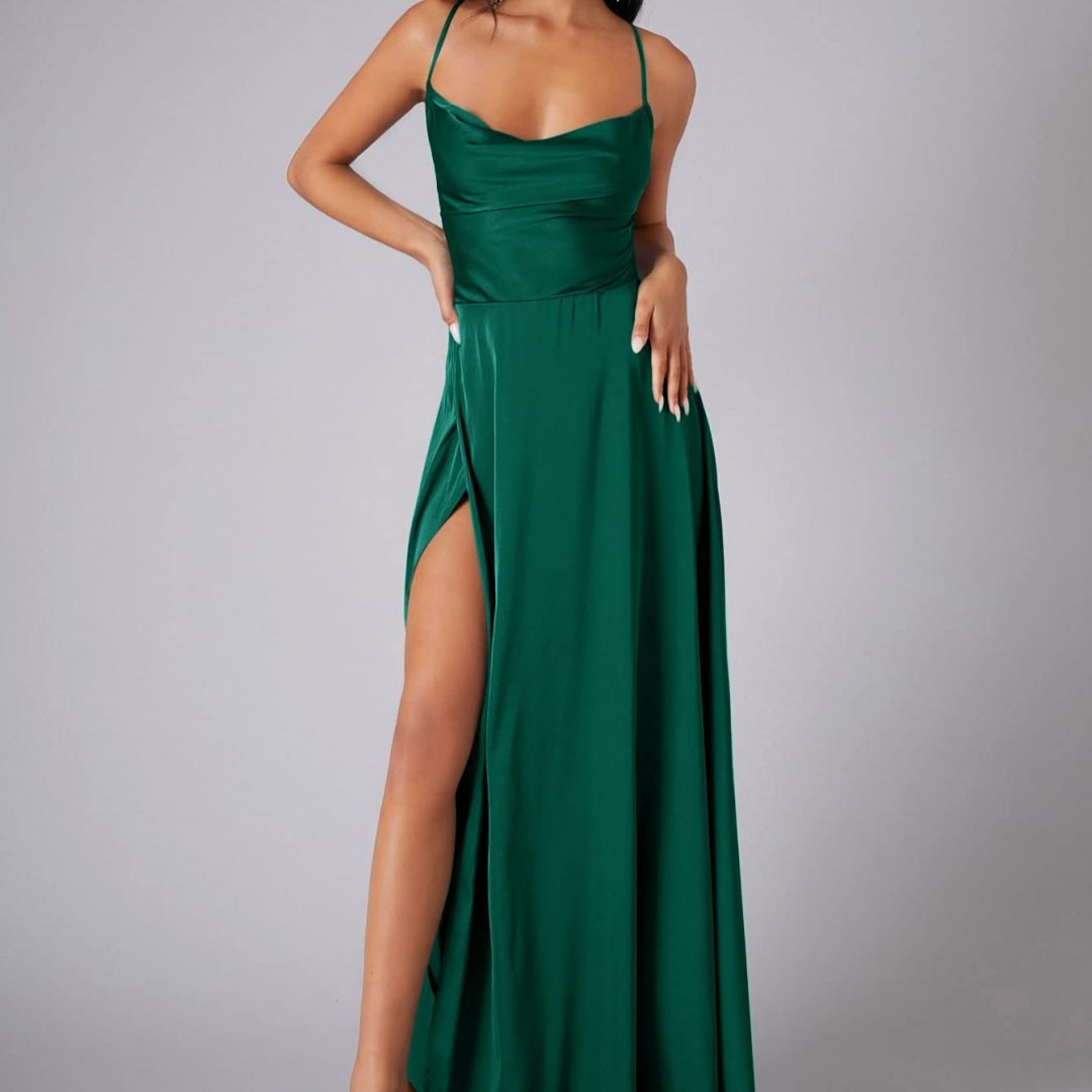 Summer Sexy Slimming Backless Strap Long Split A line Dress Women's Fashion High Waist Belted Gown V-neck