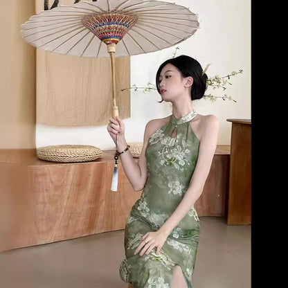 New Chinese-style Ethereal And Serene Halter-neck Waist-cinching Maxi Dress