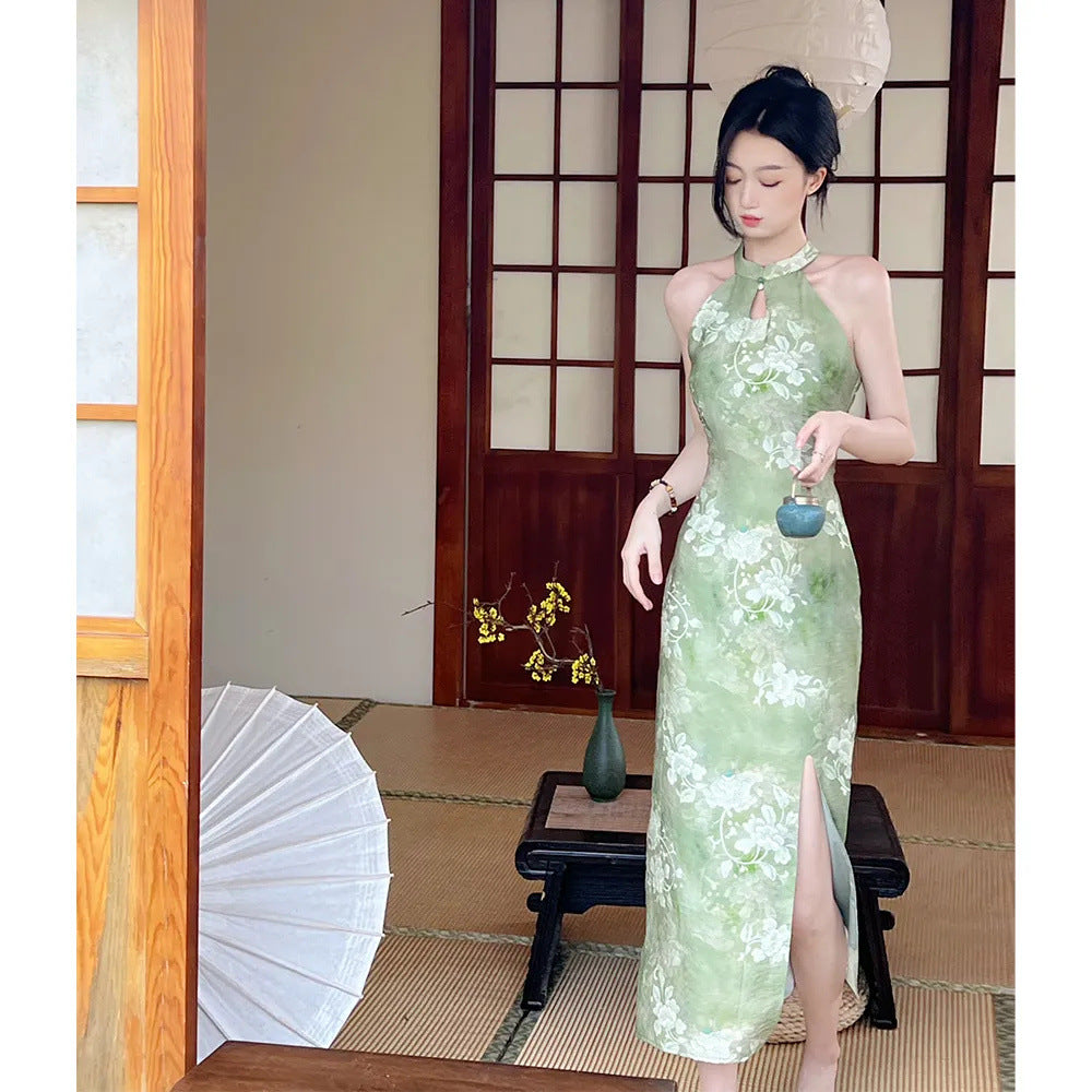 New Chinese-style Ethereal And Serene Halter-neck Waist-cinching Maxi Dress