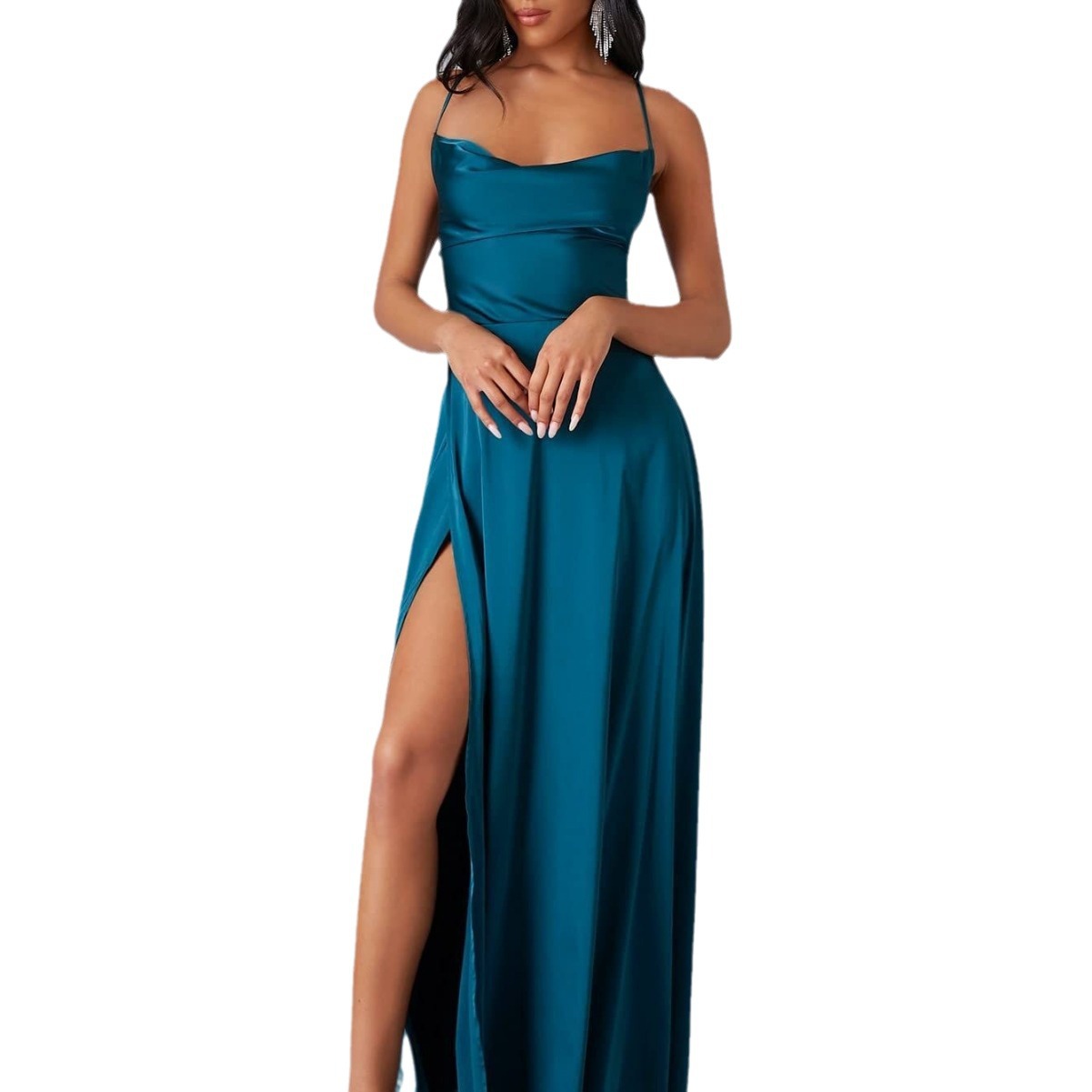 Summer Sexy Slimming Backless Strap Long Split A line Dress Women's Fashion High Waist Belted Gown V-neck