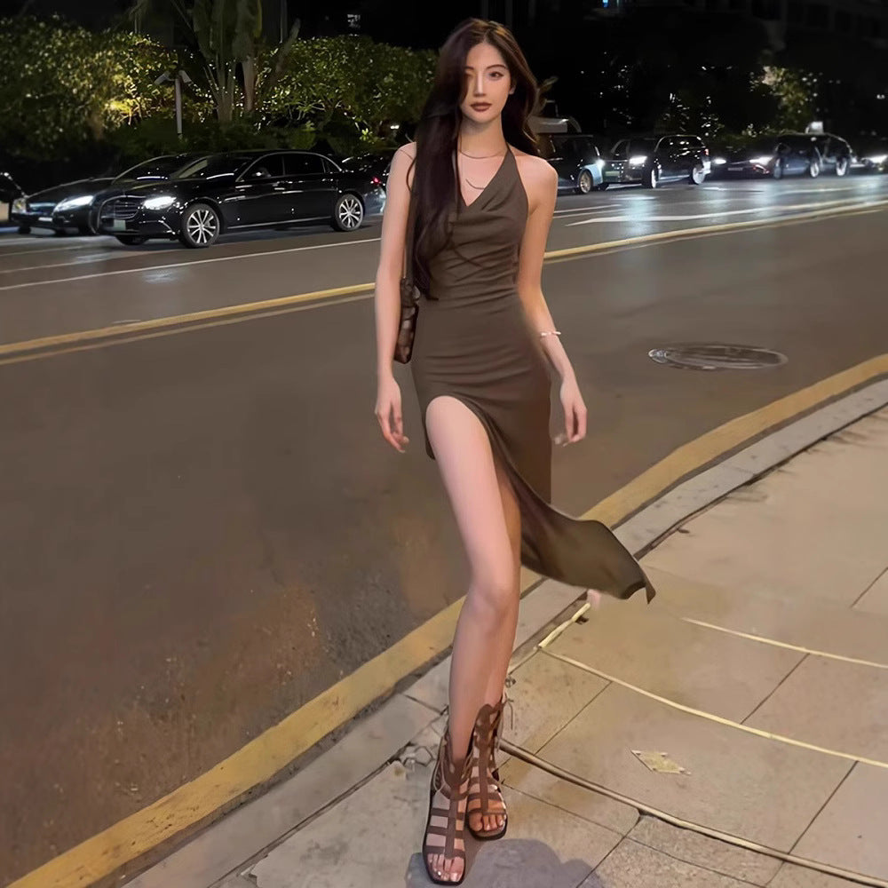 New Korean-style V-neck Elegant And Sassy Sexy Slit Bodycon Maxi Dress