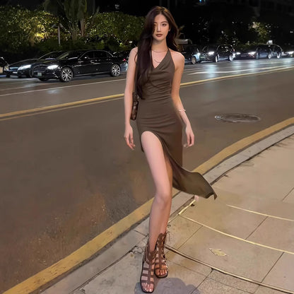 New Korean-style V-neck Elegant And Sassy Sexy Slit Bodycon Maxi Dress