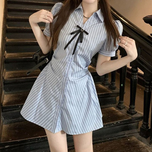 Striped Short Sleeve Dress Women's Summer Design Tight Waist Slimming Bow A- Line Skirt